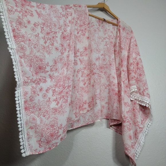 Women's Fringe Cardigan Pink Kimono Short Sleeve Size Os Cover up - Picture 6 of 9
